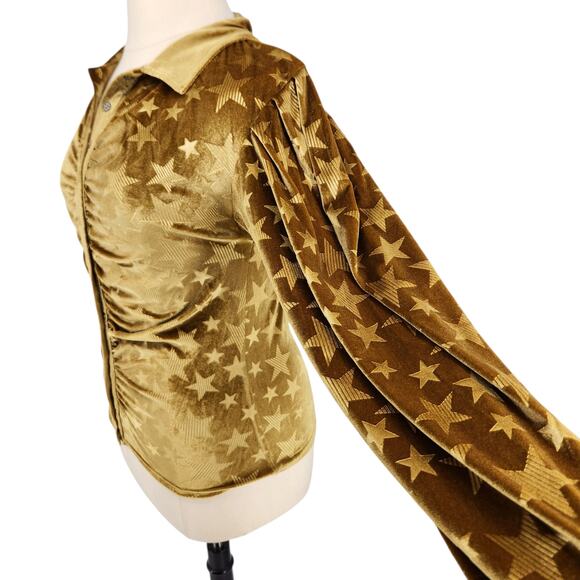 POL Crushed Velvet Gold Star Button Front Puff Long Sleeves Ruched Front Large - Picture 7 of 9